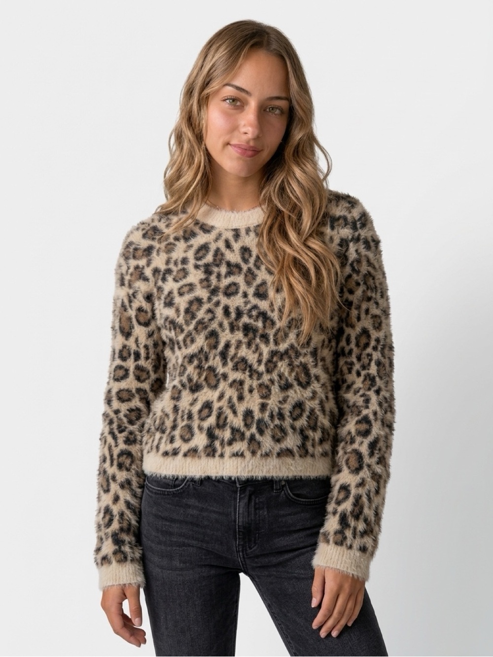 Zara Beige and Black Leopard Print Fuzzy Turtleneck Sweater